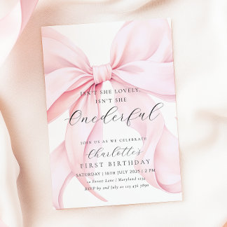 Pink Bow Onederful First Birthday Invitation