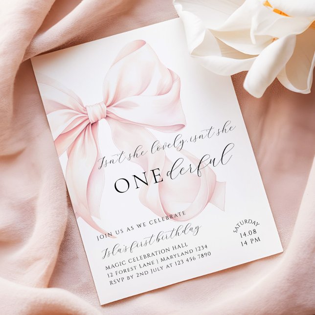 Pink Bow Onederful First Birthday Invitation (Creator Uploaded)