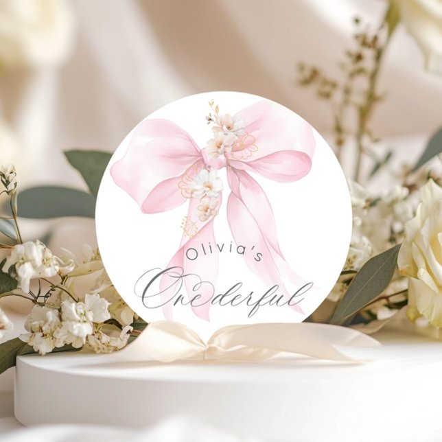 Pink Bow Onederful girl 1st Birthday Classic Round Sticker (Creator Uploaded)