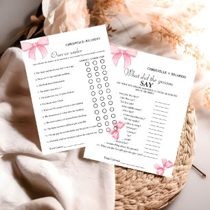 Pink Bow Over or under bridal shower game Card