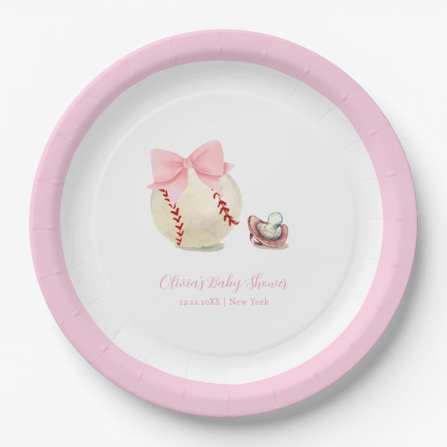 Pink Bow Pacifier Baseball Sport Girl Baby Shower Paper Plate (Front)