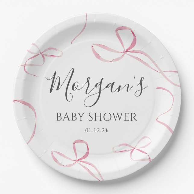 Pink bow Paper Plates, bow theme decorations Paper Plate (Front)