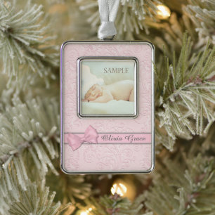 Pink Bow Pastel Baby First Christmas Silver Plated Framed Ornament