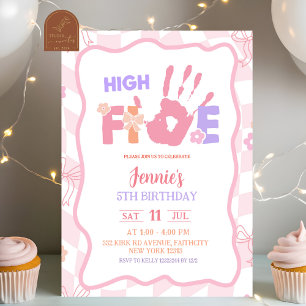Pink Bow Pastel Retro High Five Party Birthday Invitation