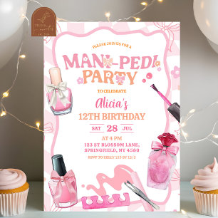 Pink Bow Pastel Retro Mani Pedi Party Birthday Invitation