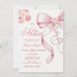 Pink Bow Pearl Floral Es Nina Spanish Baby Shower Invitation