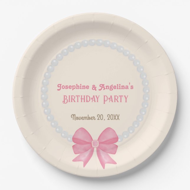 Pink Bow Pearl Photo Girl Joint Birthday Welcome Paper Plate (Front)