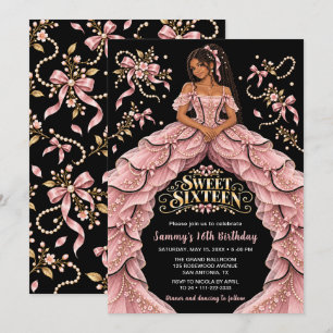 Pink Bow Pearl Sweet Sixteen Birthday Invitation