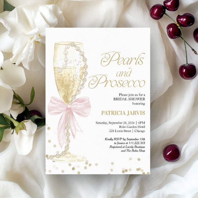 Pink Bow Pearls and Prosecco Bridal Shower Invitation (Creator Uploaded)