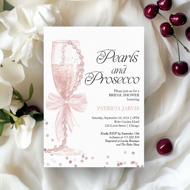 Pink Bow Pearls and Prosecco Bridal Shower Invitation (Creator Uploaded)