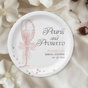 Pink Bow Pearls And Prosecco Bridal Shower Paper Plate