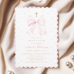 Pink Bow & Pearls Coquette Baptism Invitation