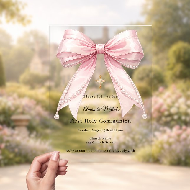 Pink bow pearls elegant luxury First Communion Acrylic Invitations (Creator Uploaded)