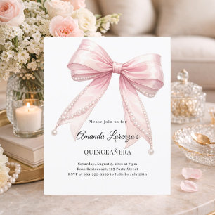 Pink bow pearls elegant Quinceanera invitation