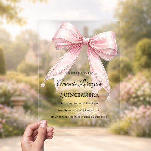 Pink bow pearls elegant Quinceanera luxury clear Acrylic Invitations