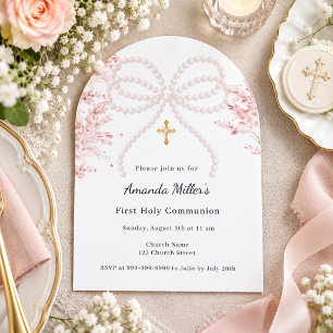 Pink bow pearls florals girl First Communion Arch Invitation