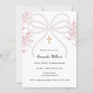 Pink bow pearls florals girl First Communion Invitation