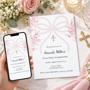 Pink bow pearls florals girl First Communion Invitation