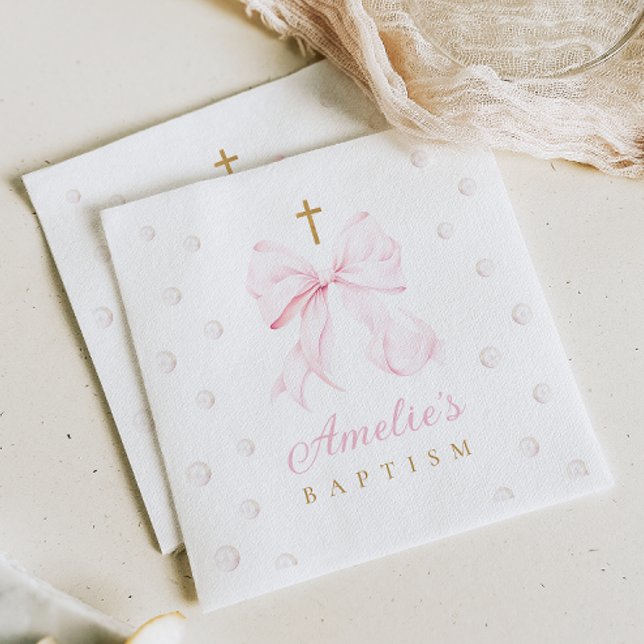 Pink Bow Pearls Girl Baptism Napkin (Creator Uploaded)