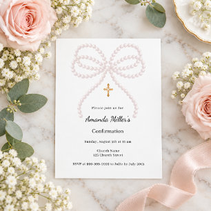 Pink bow pearls girl Confirmation Invitation
