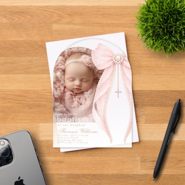 Pink Bow Pearls Photo Baby girl Baptism Acrylic Invitations (Insitu (Invitation Card))