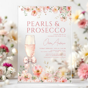 Pink Bow Pearls & Prosecco Bridal Shower Acrylic Invitations
