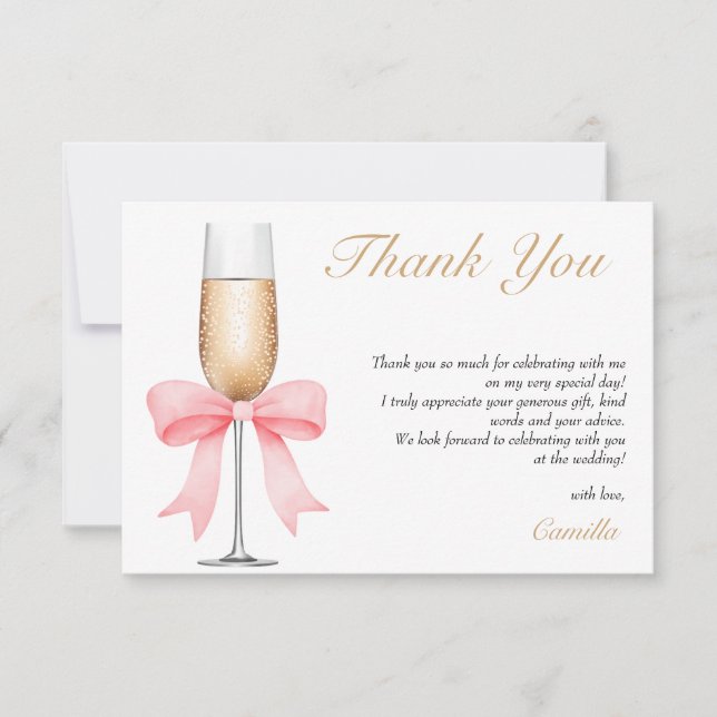 Pink Bow Pearls & Prosecco Bridal Shower Thank You Card (Front)