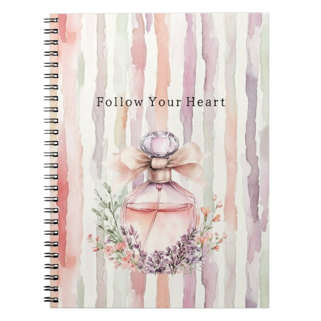 Pink Bow Perfume Bottle Floral Stripes Notebook (Front)