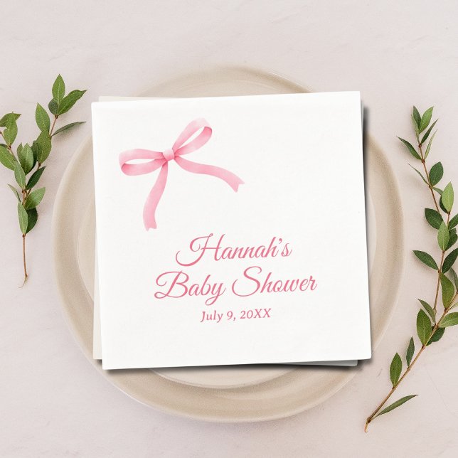 Pink Bow Personalised Script Baby Shower Napkins (Pink bow personalized baby shower napkins)