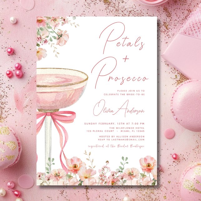 Pink Bow Petals & Prosecco Blush Bridal Shower  Invitation (Creator Uploaded)