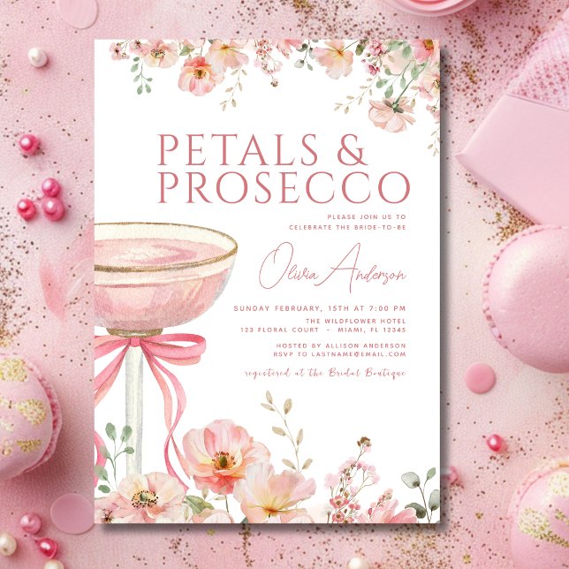 Pink Bow Petals & Prosecco Blush Bridal Shower  Invitation (Creator Uploaded)