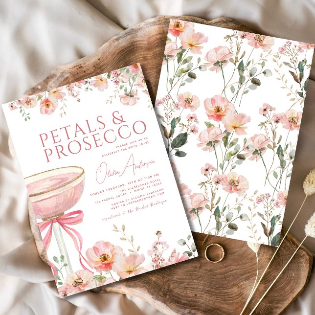 Pink Bow Petals & Prosecco Blush Bridal Shower  Invitation (Creator Uploaded)