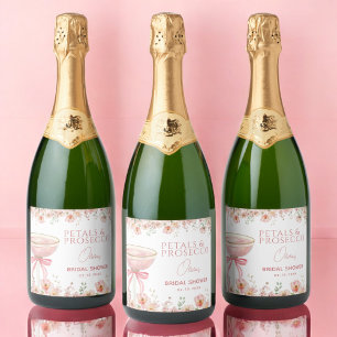 Pink Bow Petals & Prosecco Blush Bridal Shower Sparkling Wine Label
