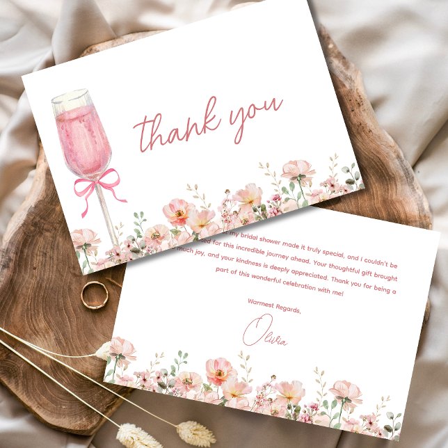 Pink Bow Petals & Prosecco Blush Bridal Shower Thank You Card (Creator Uploaded)