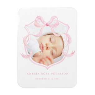 Pink Bow Photo Baby Girl Announcement Magnet