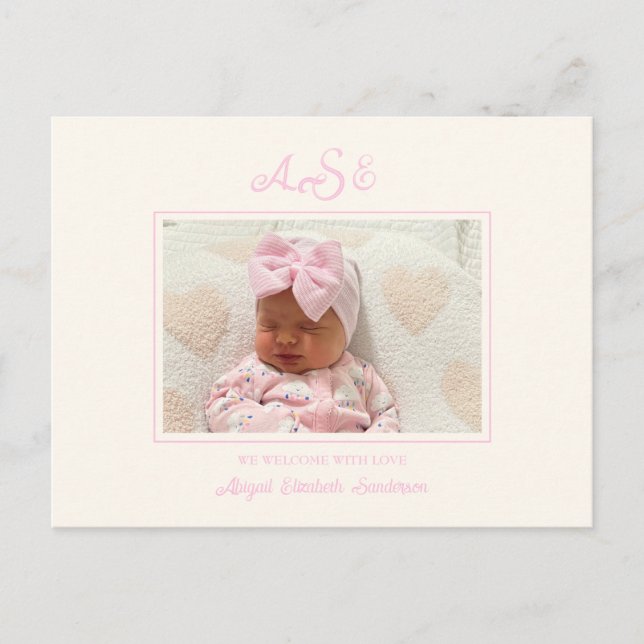Pink Bow Photo Beige Birth Announcement Postcard (Front)
