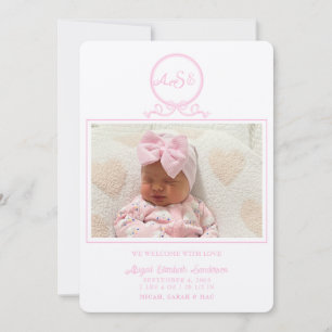 Pink Bow Photo Ecru Birth Announcement