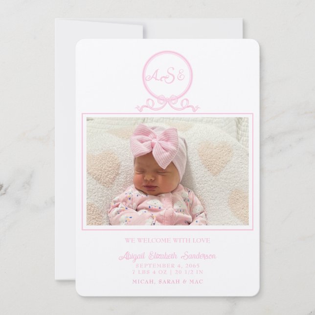 Pink Bow Photo Ecru Birth Announcement (Front)