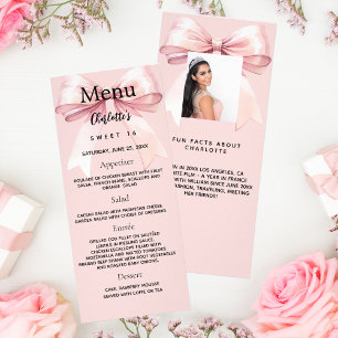 Pink bow photo fun facts birthday menu card