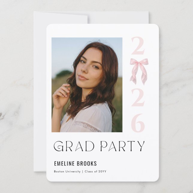 Pink Bow Photo Grad Party Invitation (Front)