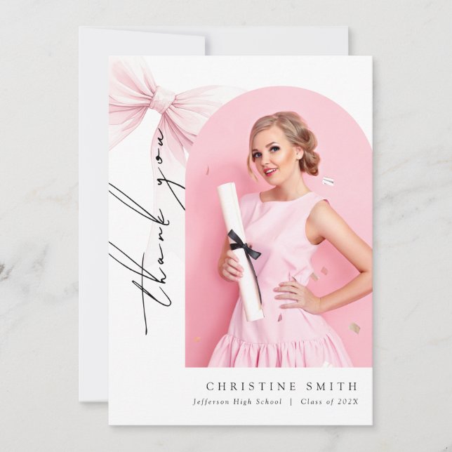 Pink Bow Photo Graduation Arch Thank You Card (Front)