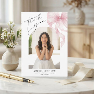 Pink Bow Photo Graduation Thank You Card