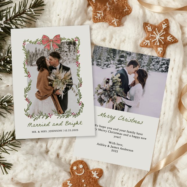 Pink Bow Photo Married and Bright Holiday Card (Creator Uploaded)