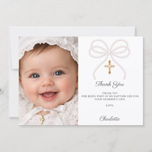 Pink bow photo pearls girl Baptism Thank You Card