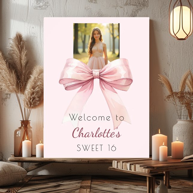 Pink bow photo Sweet 16 party welcome Poster (Creator Uploaded)