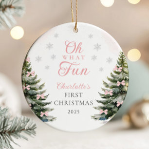 Pink Bow Pine Tree Baby's First Christmas Ceramic Tree Decoration