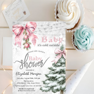 Pink Bow Pine Tree Balls its cold outside Invitation