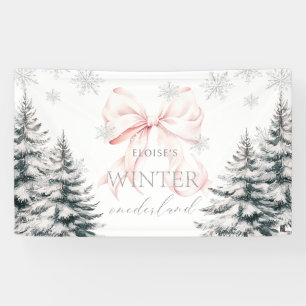 Pink Bow Pine Trees Winter Onederland 1st Birthday Banner