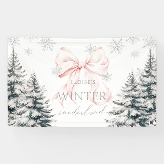 Pink Bow Pine Trees Winter Onederland 1st Birthday Banner (Horizontal)