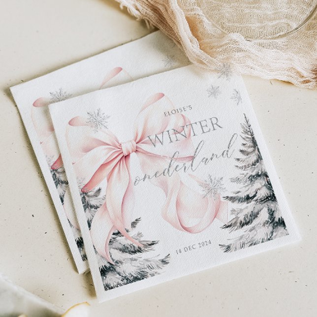 Pink Bow Pine Trees Winter Onederland 1st Birthday Napkin (Creator Uploaded)